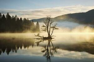 ai generiert Wanakas einsam Weide Baum welche ist gelegen gerade aus von das See Ufer. ai generiert foto