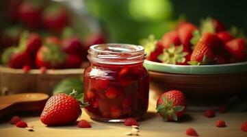 ai generiert Erdbeere Marmelade und frisch Beeren. generativ ai foto