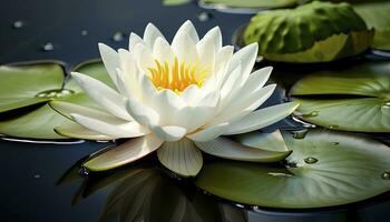 ai generiert Weiß Wasser Lilie. Weiß Lotus mit Blätter auf dunkel Teich. ai generiert foto