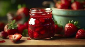 ai generiert Erdbeere Marmelade und frisch Beeren. generativ ai foto