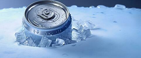 ai generiert oben von trinken Zinn können vereist untergetaucht im Frost Eis, Metall Aluminium Getränk. generativ ai foto