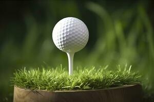 ai generiert Weiß Golf Ball auf hölzern Tee mit Gras. generativ ai foto