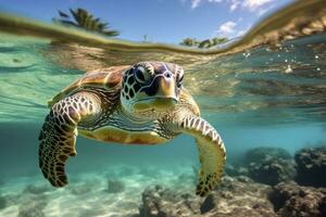 ai generiert Grün Schildkröte beim das Meerwasser. ai generiert foto