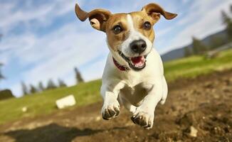 ai generiert Jack russel Pfarrer Hund Lauf zu das Kamera niedrig Winkel hoch Geschwindigkeit Schuss. ai generiert foto