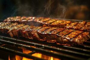 ai generiert Fleisch Grillen auf ein Holzkohle Grill mit Rauch steigend. ai generiert foto