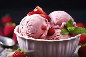 ai generiert Erdbeere Eis Sahne mit frisch Erdbeeren. ai generiert foto