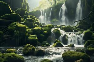 ai generiert Wasserfall Landschaft mit Felsen bedeckt im Grün Moos. ai generiert foto