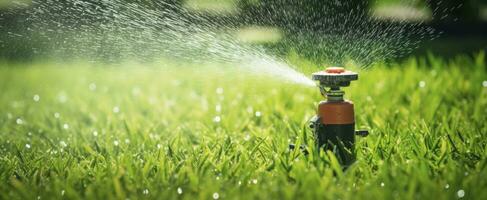 ai generiert automatisch Garten Rasen Sprinkler im Aktion Bewässerung Gras. ai generiert foto