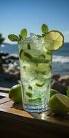 ai generiert atemberaubend Foto von Cocktail Mojito, ein sonnig Sommer- Strand im das Hintergrund. generativ ai