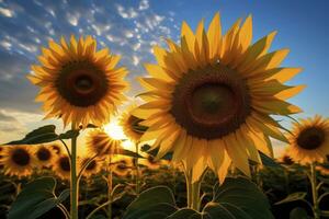 ai generiert Sonnenblumen drehen zu das Sonne im das Sanft Morgen Licht. ai generiert foto