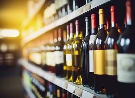 ai generiert abstrakt verwischen Wein Flaschen auf Alkohol Alkohol Regale im Supermarkt Geschäft Hintergrund. generativ ai foto