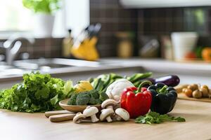 ai generiert zum Kochen, frisch Gemüse, Grün Salat, Pfeffer, Pilze, und Aubergine. ai generiert foto