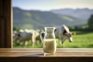 ai generiert Glas Krug mit frisch Milch auf ein hölzern Tisch. ai generiert foto