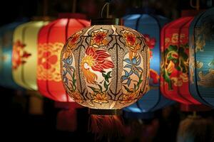 ai generiert bunt Festival Laternen während das Chinesisch traditionell Urlaub Jahreszeit. ai generiert foto
