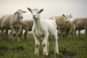 ai generiert Weiß Lamm im ein Feld im Vorderseite von andere Tiere. generativ ai foto