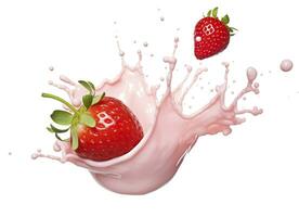 ai generiert Milch oder Joghurt Spritzen mit Erdbeeren isoliert auf Weiß Hintergrund, 3d Wiedergabe. ai generiert foto