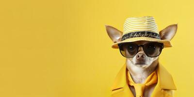 ai generiert cool suchen Chihuahua Hund tragen funky Mode Kleid. Raum zum Text richtig Seite. generativ ai foto