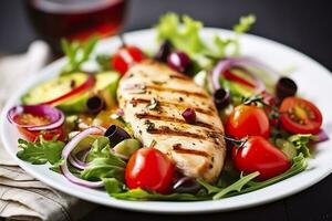 ai generiert gegrillt Hähnchen Brust mit Tomaten, rot Pfeffer, organisch Grün und kalamata Oliven. ai generiert foto