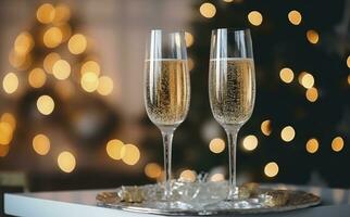 ai generiert Brille mit Champagner auf das Hintergrund von Weihnachten Dekorationen. ai generiert foto
