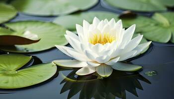 ai generiert Weiß Wasser Lilie. Weiß Lotus mit Blätter auf dunkel Teich. ai generiert foto