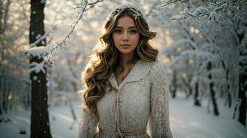 ai generiert tauchen du selber im ein magisch Winter Wunderland Szene ein Wald umgewandelt in ein Märchen Land mit schneebedeckt Geäst und ein berühren von Sanft Sonnenlicht Filtern durch. foto