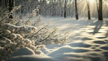 ai generiert Sonnenlicht Filtern durch schneebedeckt Geäst Erfassung das ätherisch Qualität von Winter Sonnenlicht Filtern durch dicht, schneebedeckt Geäst, Gießen ein Sanft und warm glühen auf das Wald foto