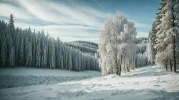 ai generiert erkunden das Gelassenheit von Winter mit ein atemberaubend Wald Hintergrund, präsentieren schneebedeckt Bäume und ein Sanft Palette von cool Blues und Weiße. foto
