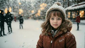 ai generiert beschreiben das Magie von ein Winter Wunderland durch das Augen von ein Kind entdecken Schnee zum das zuerst Zeit. foto