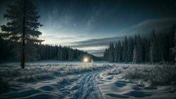 ai generiert mystisch Winter Nacht Erfassung das Verzauberung von ein Winter Nacht im das Wald, mit ein Sternenlicht Himmel, schneebedeckt Boden, und ein Sinn von ruhig Magie im das Luft foto