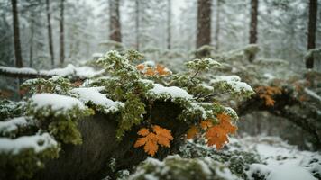 ai generiert beschreiben das Texturen und Farben von mit Flechten bedeckt Geäst im ein schneebedeckt boreal Wald. foto