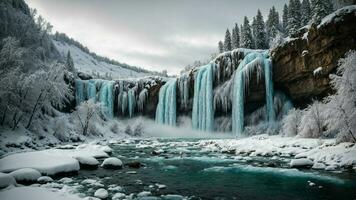 ai generiert vorstellen das Schauspiel von gefroren Wasserfälle gerahmt durch Bäume im ein Winter Landschaft, betonen das einzigartig Nebeneinander von das fließend und das statisch Elemente im Natur. foto