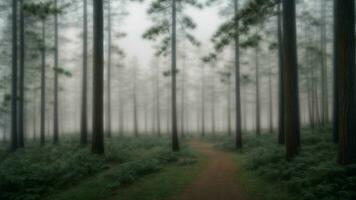 ai generiert erkunden das Spuk Schönheit von ein nebelig Winter Morgen im ein Kiefer Wald, mit Bäume verhüllt im Nebel. foto