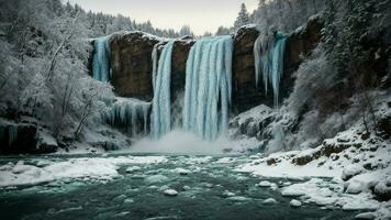 ai generiert vorstellen das Schauspiel von gefroren Wasserfälle gerahmt durch Bäume im ein Winter Landschaft, betonen das einzigartig Nebeneinander von das fließend und das statisch Elemente im Natur. foto