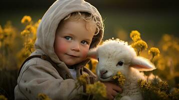 ai generiert ittle Junge Sitzung im ein Feld von Blumen mit ein Baby Lamm gekuschelt oben Nächster zu ihm foto