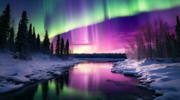 ai generiert beschwingt Farben von das Nord Beleuchtung, mit Grün und lila Farbtöne Tanzen über das Himmel. foto