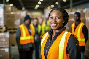 ai generiert Porträt von lächelnd weiblich Warenhaus Arbeiter Stehen mit Mitarbeiter im Hintergrund beim Warenhaus foto