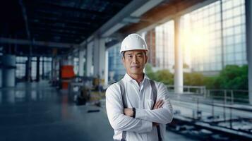ai generiert Porträt von asiatisch Ingenieur oder Architekt auf Konstruktion Seite? ˅ mit Gebäude Hintergrund foto