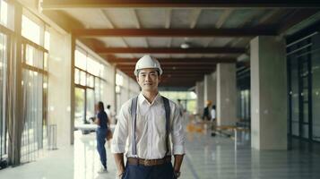 ai generiert Porträt von asiatisch Ingenieur oder Architekt auf Konstruktion Seite? ˅ mit Gebäude Hintergrund foto