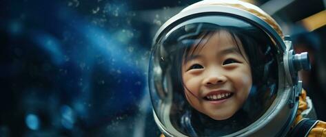 ai generiert Porträt von ein süß asiatisch wenig Mädchen tragen Astronaut Kostüm und lächelnd im Raum foto