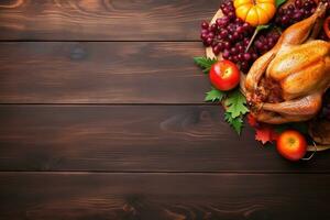 ai generiert das Erntedankfest Tag Hintergrund mit geröstet Truthahn, Früchte und Gewürze foto