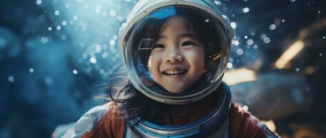 ai generiert Porträt von ein süß asiatisch wenig Mädchen tragen Astronaut Kostüm und lächelnd im Raum foto