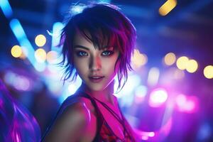 ai generiert Porträt von jung schön asiatisch Frau Tanzen im Nacht Verein. foto