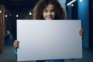 ai generiert süß wenig Mädchen halten leer Weiß Blatt von Papier im ihr Hände foto