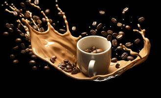 ai generiert heiß Flüssigkeit Kaffee Spritzen mit Kaffee Bohne fallen, 3d Illustration. ai generiert foto