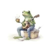 ai generiert Aquarell Grün Frosch spielen ein winzig Musical Instrument auf Weiß Hintergrund. ai generiert foto