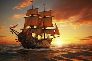 ai generiert Pirat Schiff Segeln auf das Ozean beim Sonnenuntergang. Jahrgang Kreuzfahrt. ai generiert foto