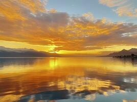 ai generiert hell Sonnenuntergang Über See golden Wolken reflektieren im das Wasser. ai generiert. foto