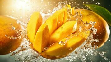 ai generiert frisch Mango Scheibe mit Wasser Spritzen ai generativ foto
