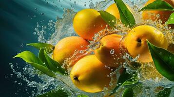 ai generiert frisch Mango mit Blatt und Wasser Spritzen ai generativ foto