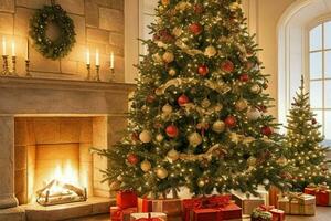 ai generiert Weihnachten Baum mit Geschenke und Kamin. Profi Foto